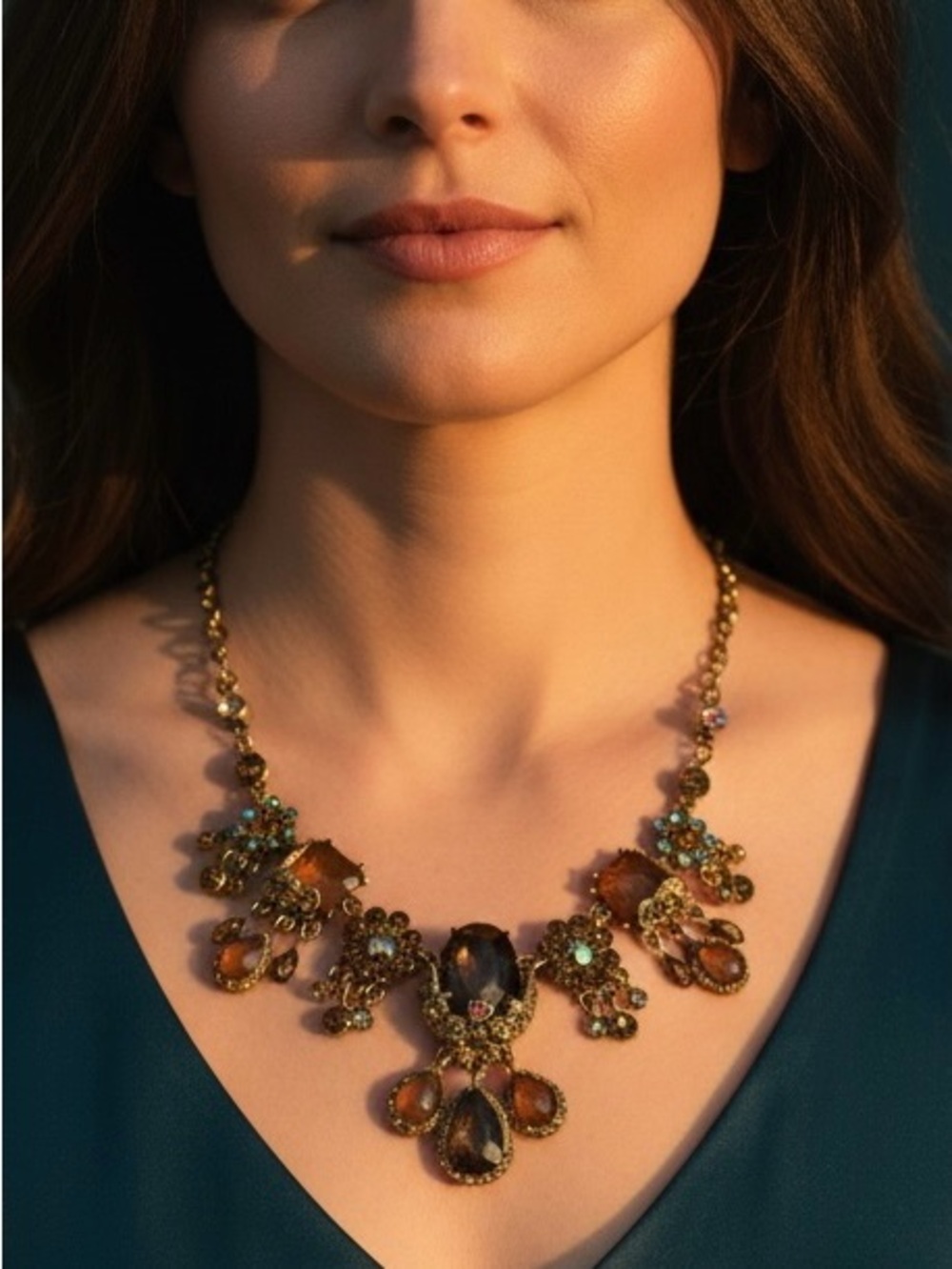 Vtg Diane Von Furstenberg Luxury Statement Bib Necklace - Amber & AB Crystals